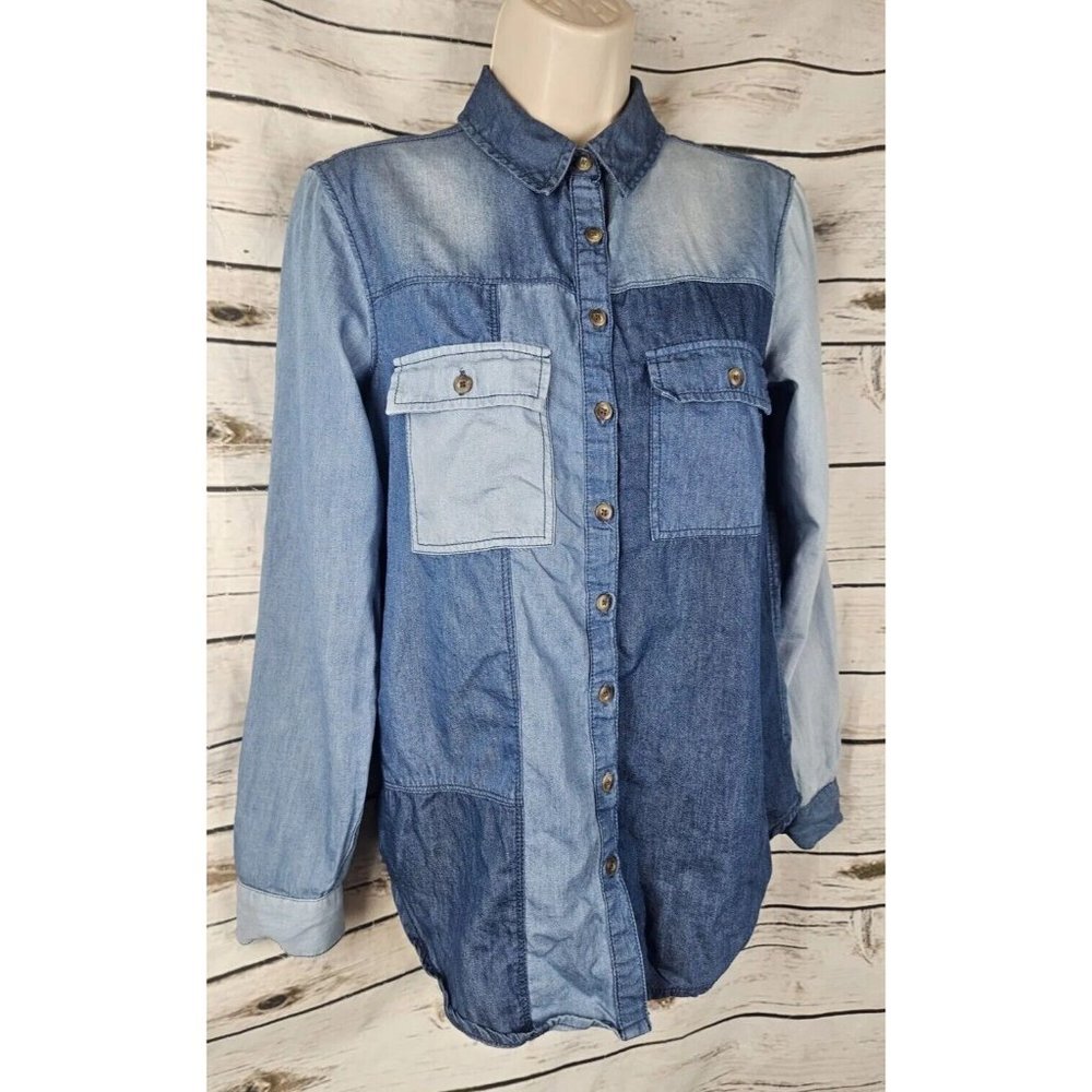 Anthropologie Pilcro Chambray Patchwork Top XS Denim Button Western Lyocell - Picture 2 of 7